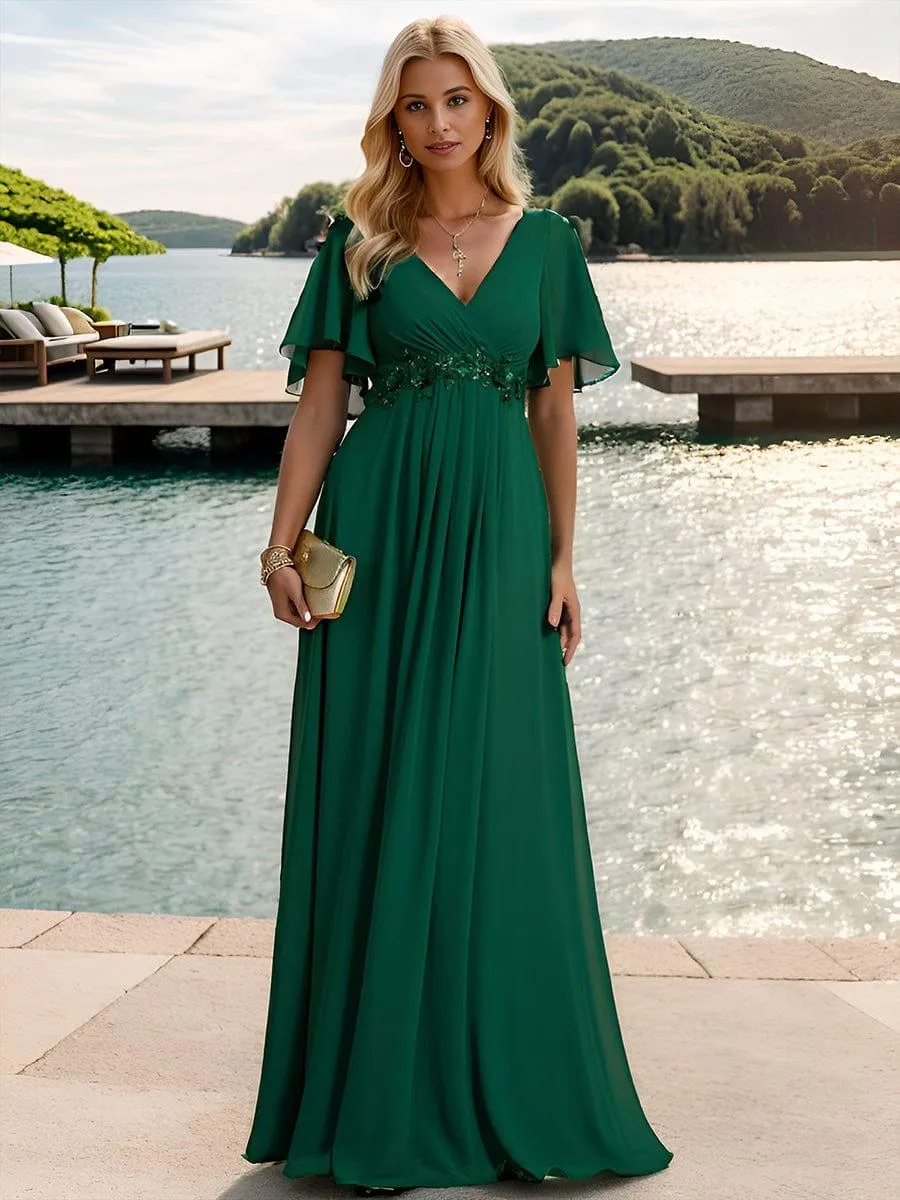 Gentle Iris | Ruffles Sleeve A-Line Chiffon Waist Applique Maxi Wedding Guest Dress