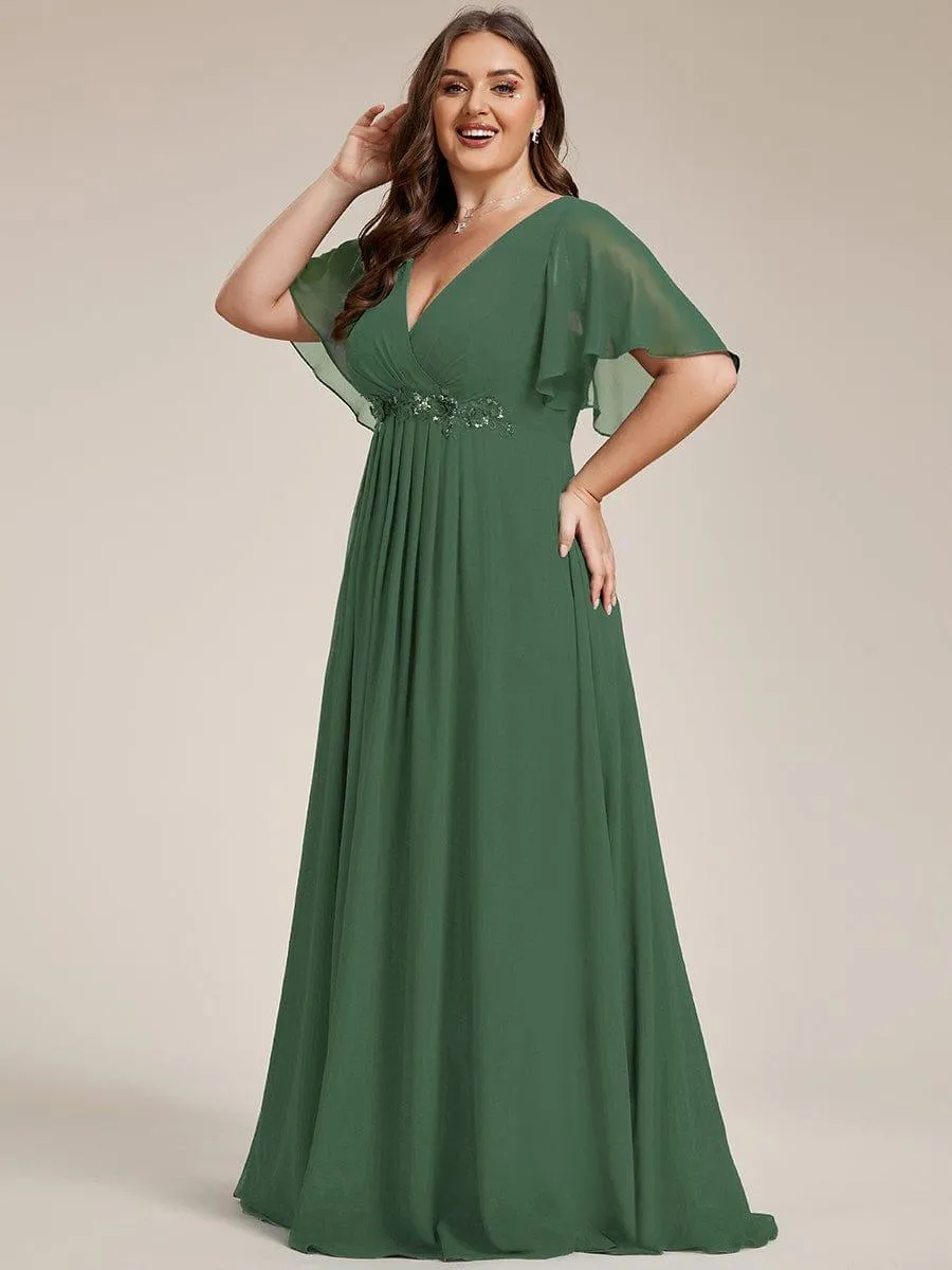 Gentle Iris | Ruffles Sleeve A-Line Chiffon Waist Applique Maxi Wedding Guest Dress