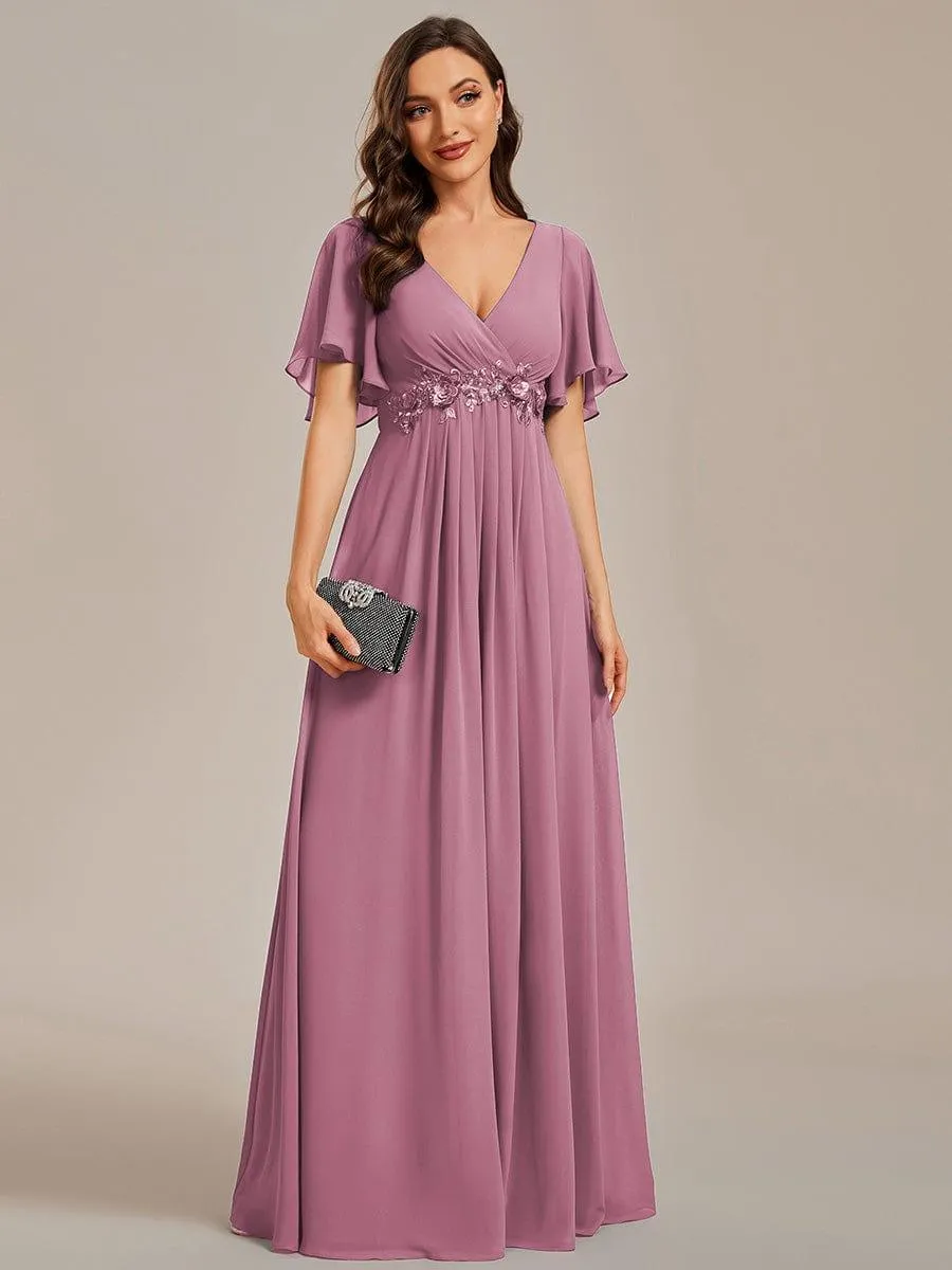 Gentle Iris | Ruffles Sleeve A-Line Chiffon Waist Applique Maxi Wedding Guest Dress