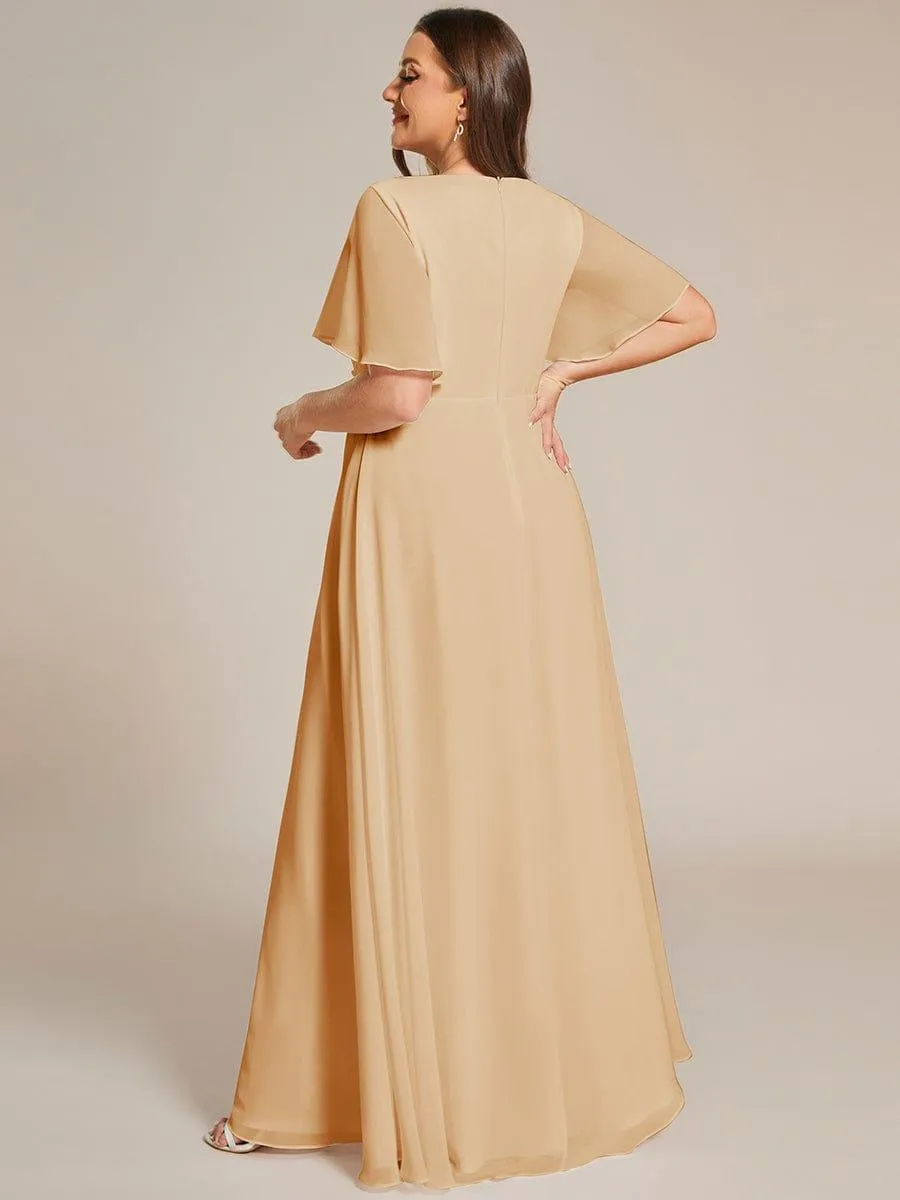 Gentle Iris | Ruffles Sleeve A-Line Chiffon Waist Applique Maxi Wedding Guest Dress