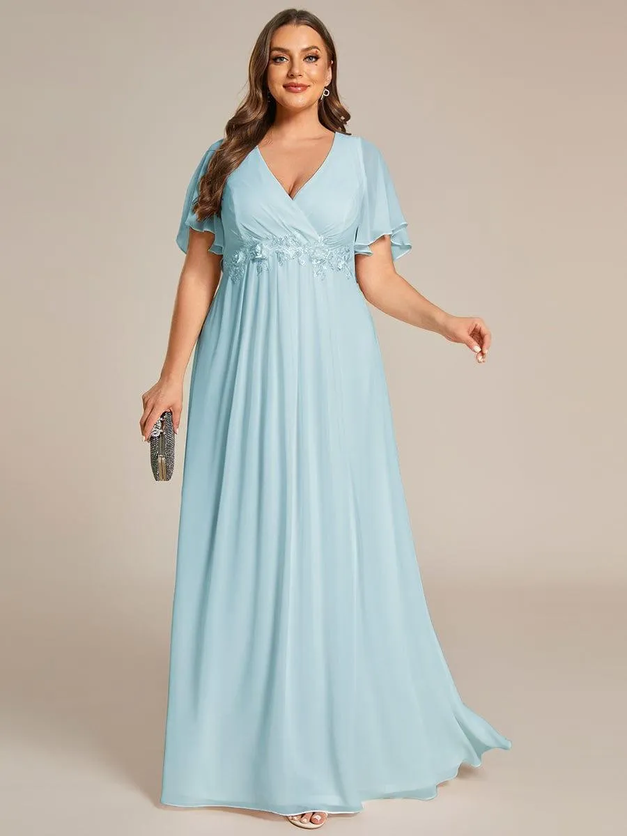 Gentle Iris | Ruffles Sleeve A-Line Chiffon Waist Applique Maxi Wedding Guest Dress