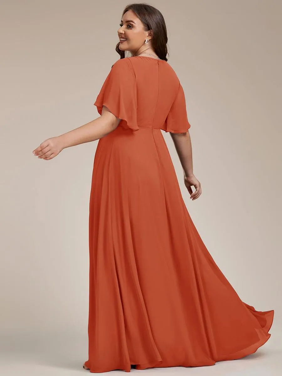 Gentle Iris | Ruffles Sleeve A-Line Chiffon Waist Applique Maxi Wedding Guest Dress