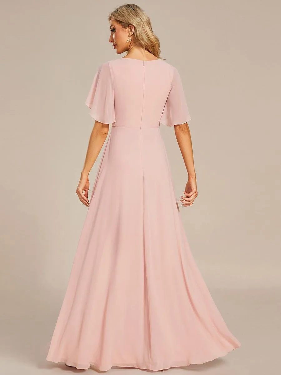 Gentle Iris | Ruffles Sleeve A-Line Chiffon Waist Applique Maxi Wedding Guest Dress