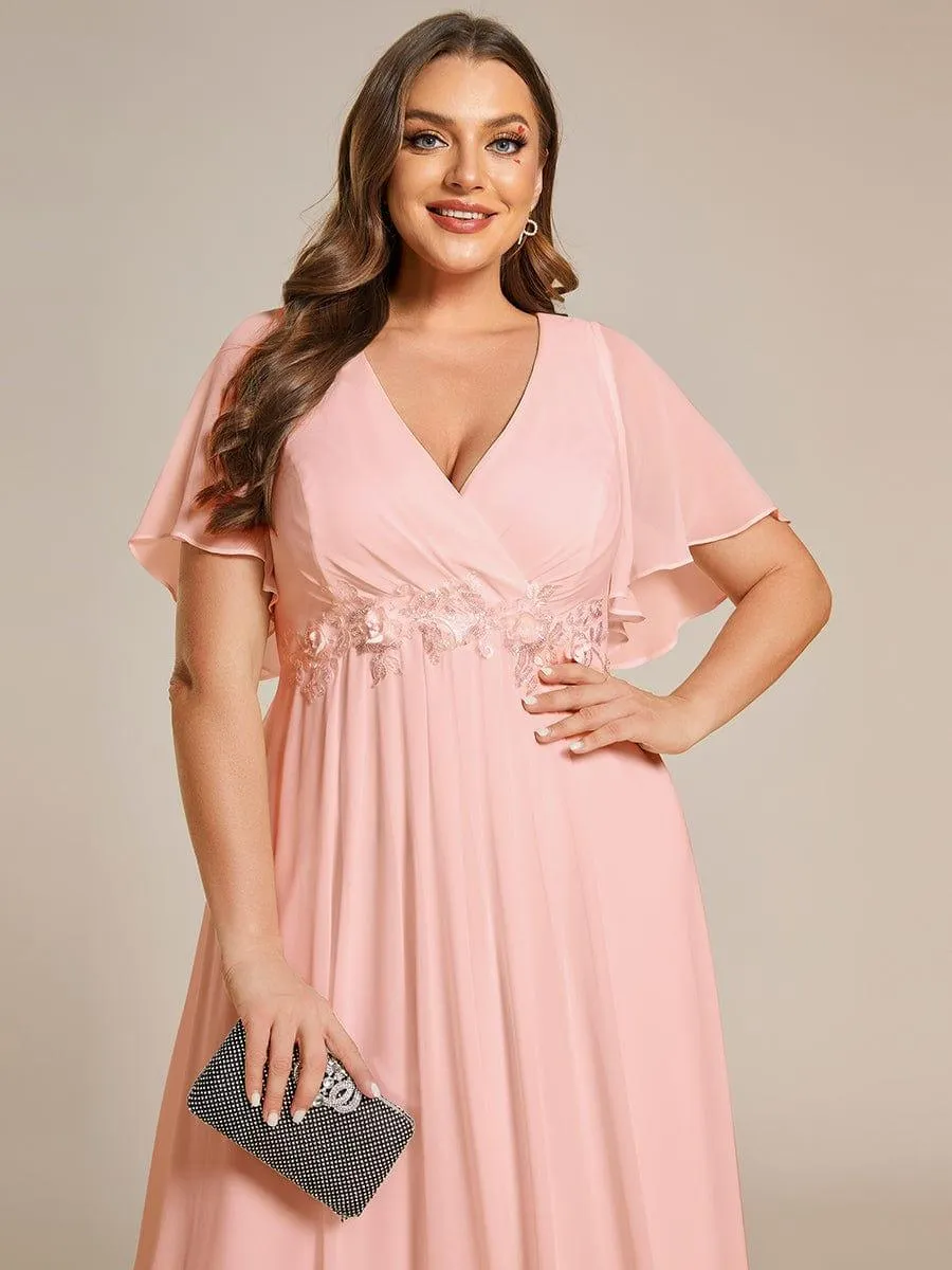 Gentle Iris | Ruffles Sleeve A-Line Chiffon Waist Applique Maxi Wedding Guest Dress