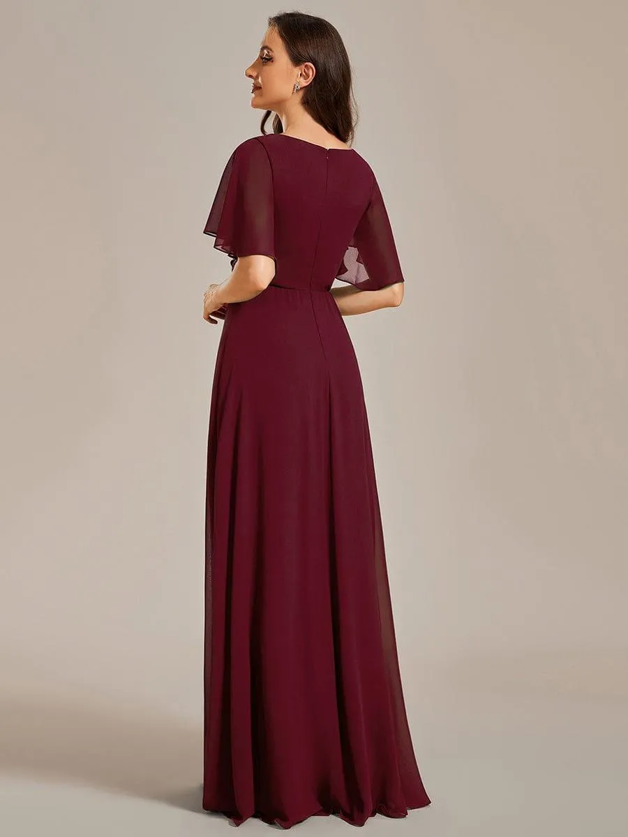 Gentle Iris | Ruffles Sleeve A-Line Chiffon Waist Applique Maxi Wedding Guest Dress