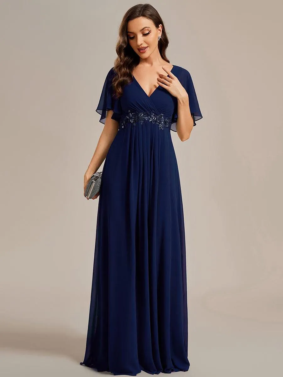 Gentle Iris | Ruffles Sleeve A-Line Chiffon Waist Applique Maxi Wedding Guest Dress