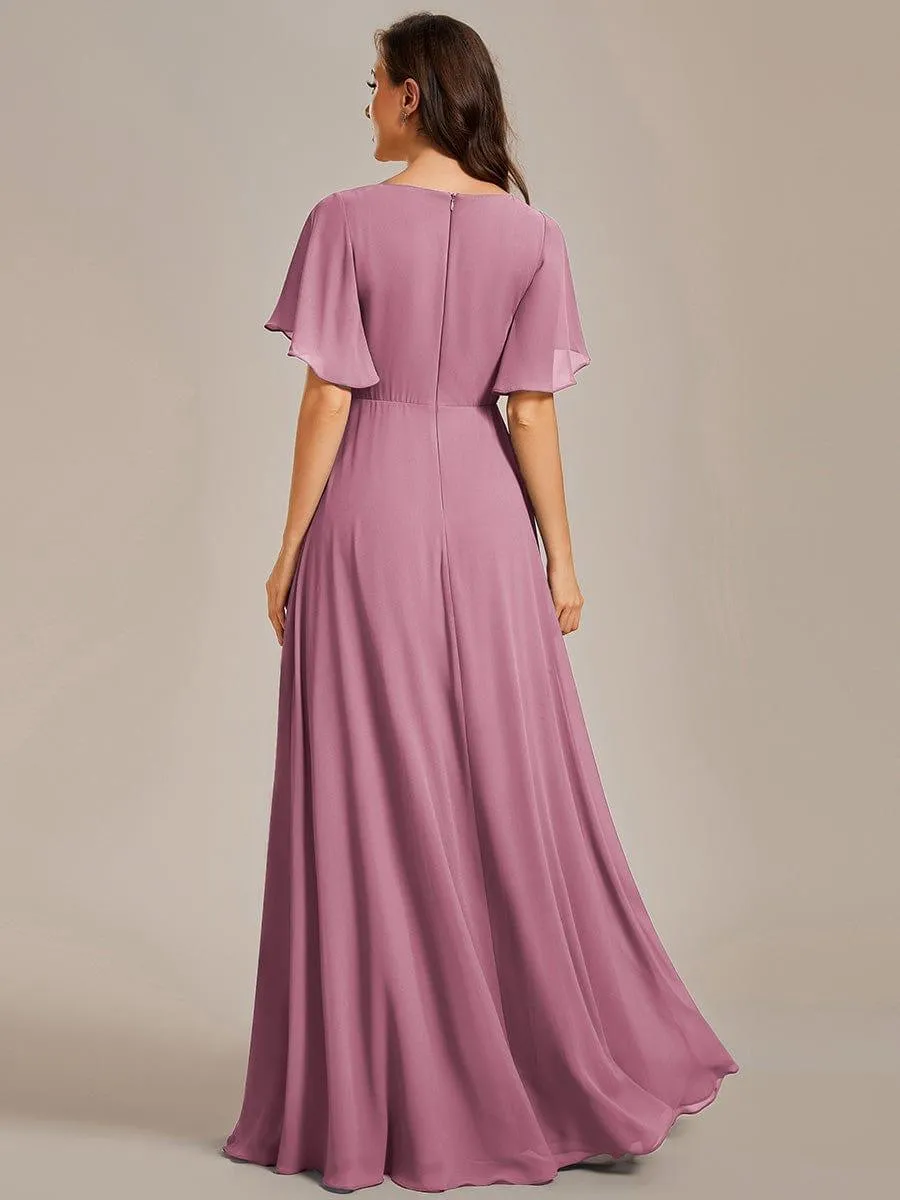 Gentle Iris | Ruffles Sleeve A-Line Chiffon Waist Applique Maxi Wedding Guest Dress