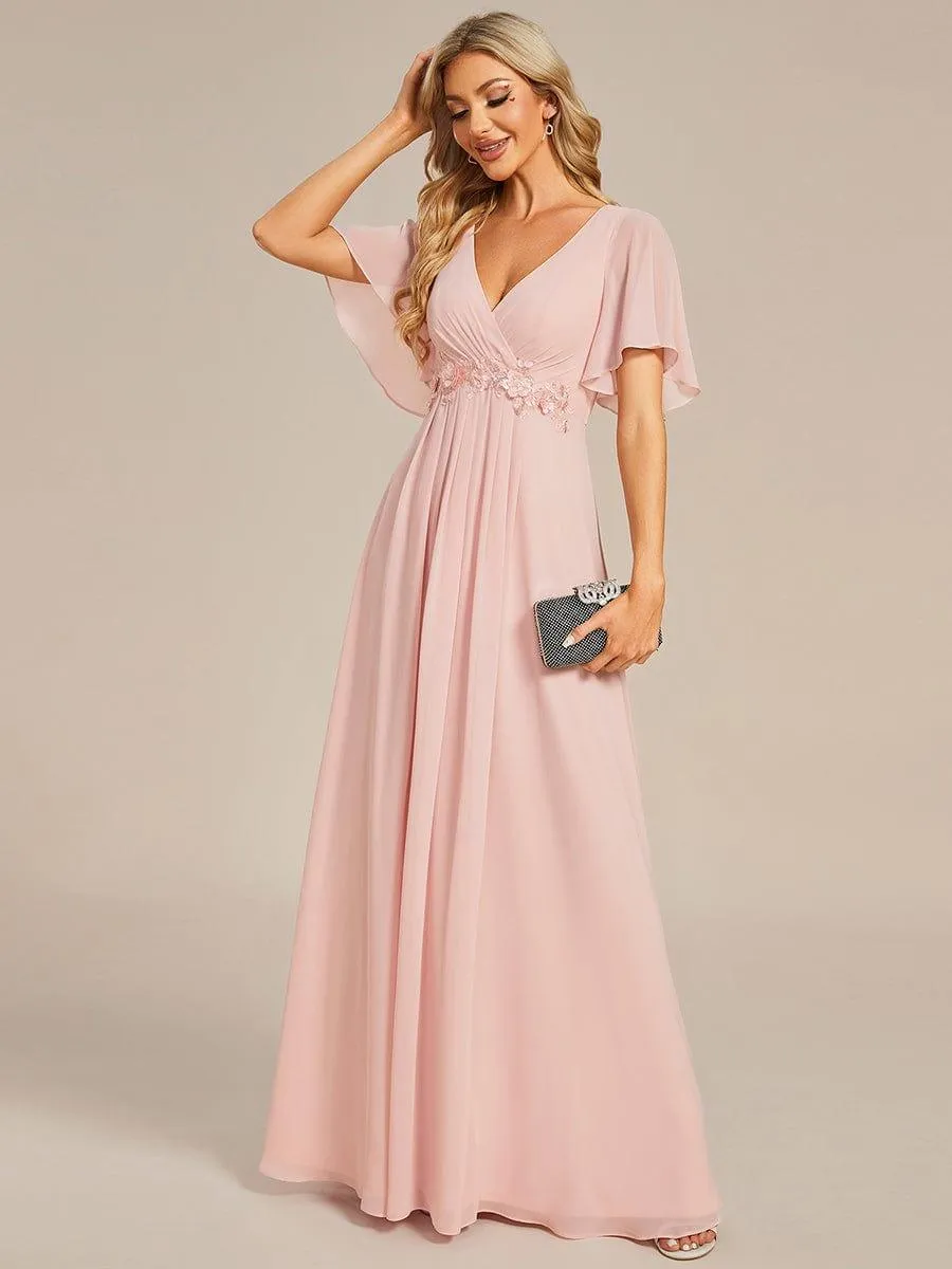 Gentle Iris | Ruffles Sleeve A-Line Chiffon Waist Applique Maxi Wedding Guest Dress