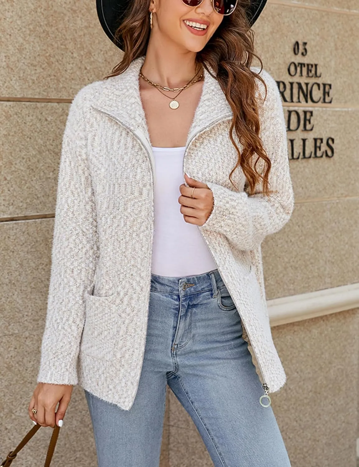 Gihuo Womens Cardigan Sweaters Long Sleeve Lightweight Fuzzy Knit Fall Sweaters 2024 Zip Up Knitted Coat Knitwear
