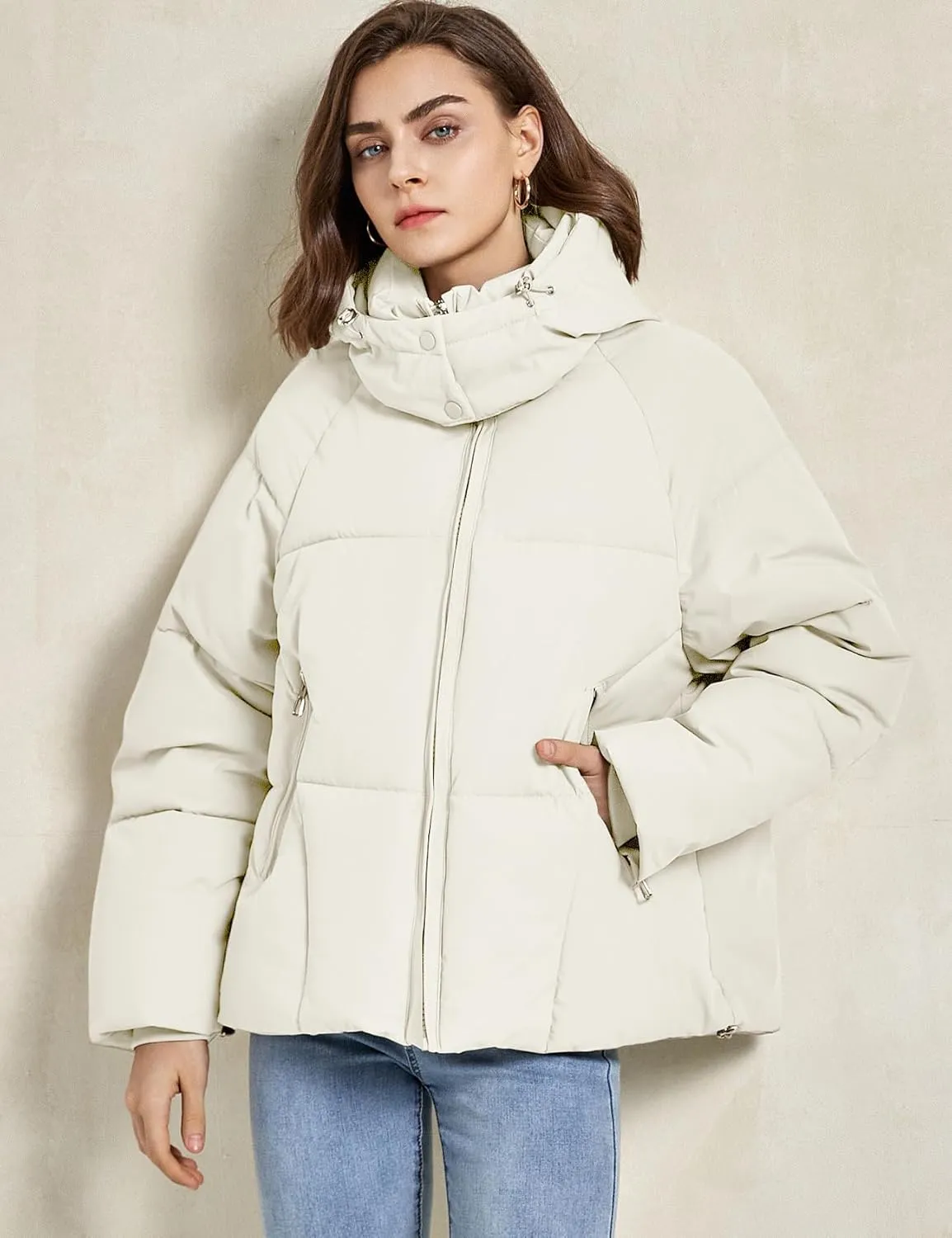 Gihuo Womens Puffer Jacket Full Zip Quilted Hooded Bubble Coats Padded Jacket Long Sleeve Winter Warm Coat Pocket