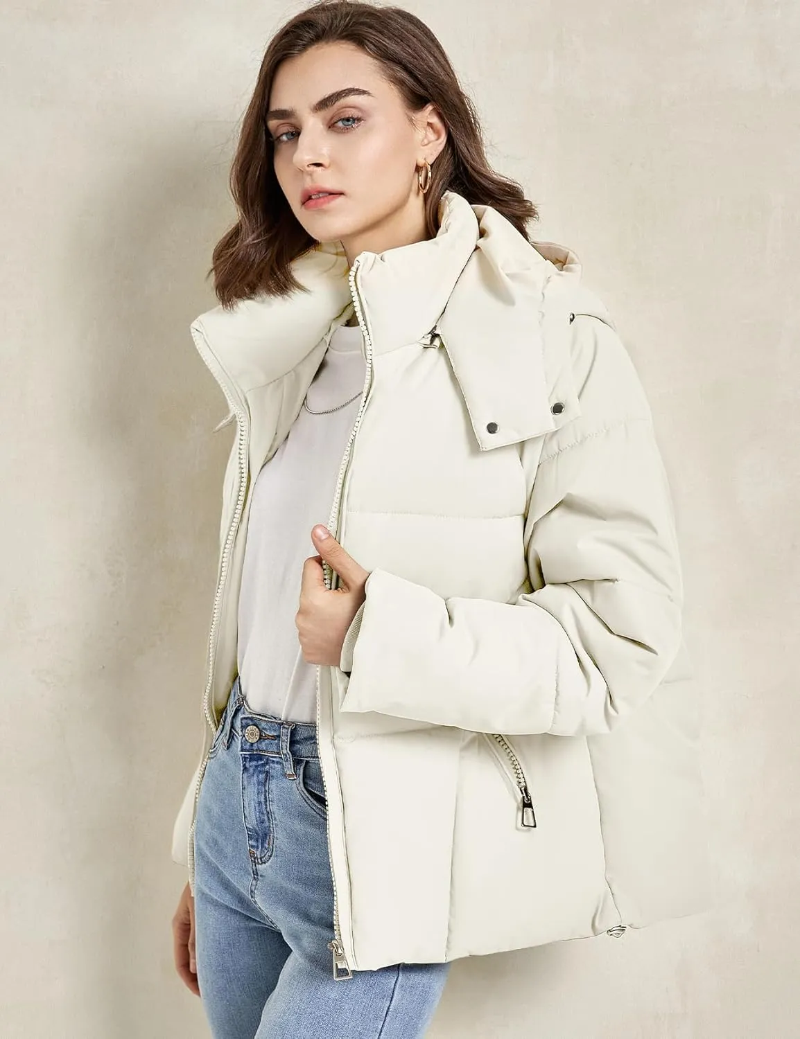 Gihuo Womens Puffer Jacket Full Zip Quilted Hooded Bubble Coats Padded Jacket Long Sleeve Winter Warm Coat Pocket