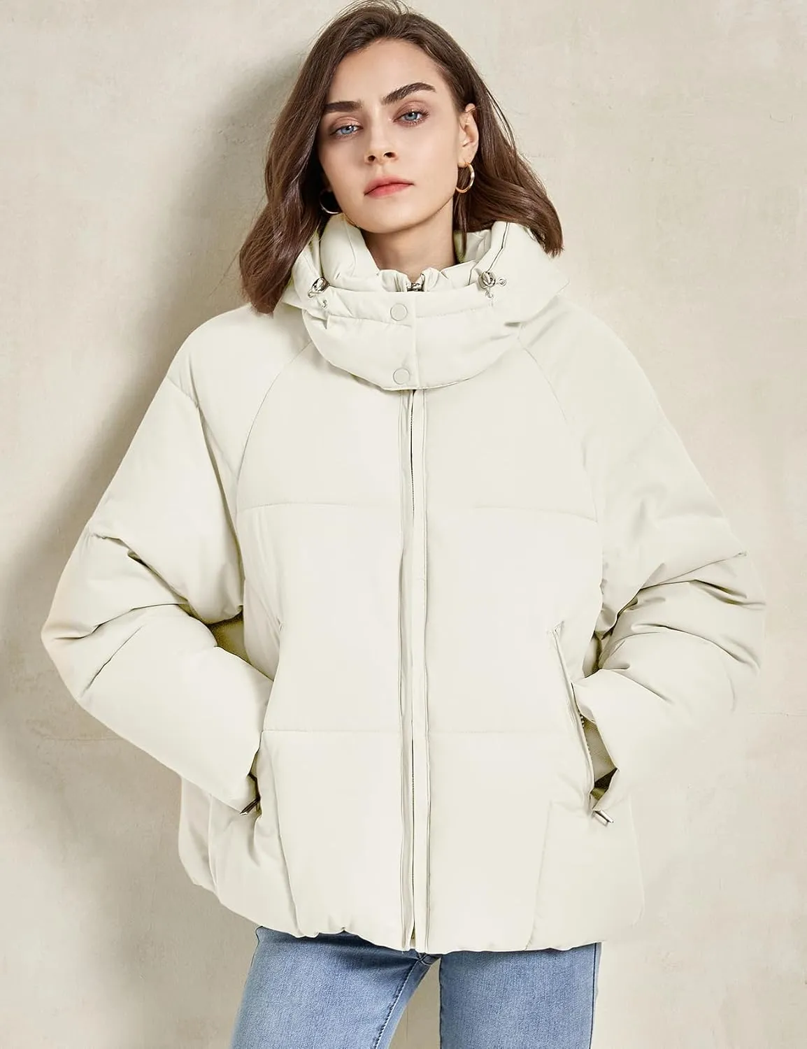 Gihuo Womens Puffer Jacket Full Zip Quilted Hooded Bubble Coats Padded Jacket Long Sleeve Winter Warm Coat Pocket