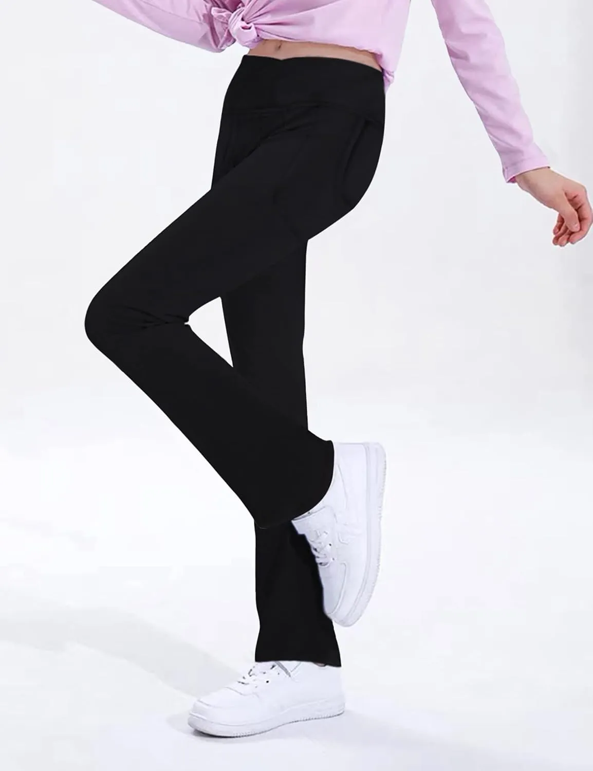 Girls' Leggings Cross Flare Pants with Pockets Black Soft Stretchy High Waisted Pants for Kids Child Yoga Dance