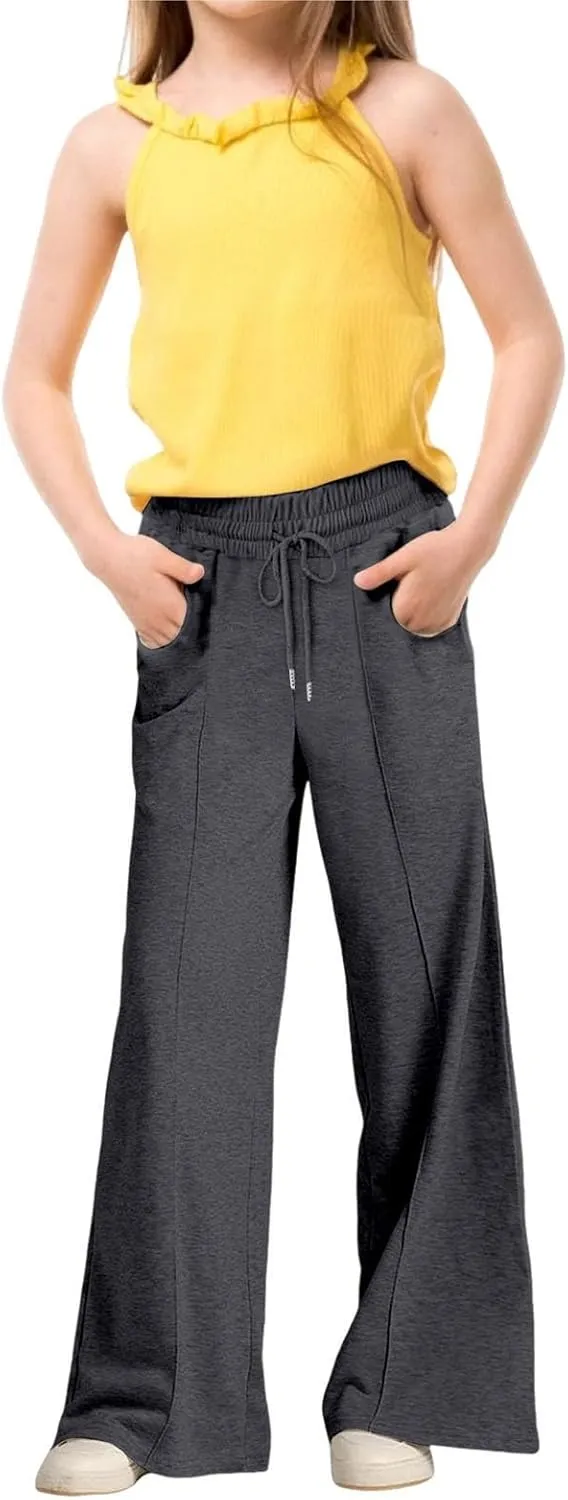Girls Wide Leg Sweatpants High Waisted Baggy Drawstring Pants Elastic Elevated Seams Loose Active Pants with Pockets