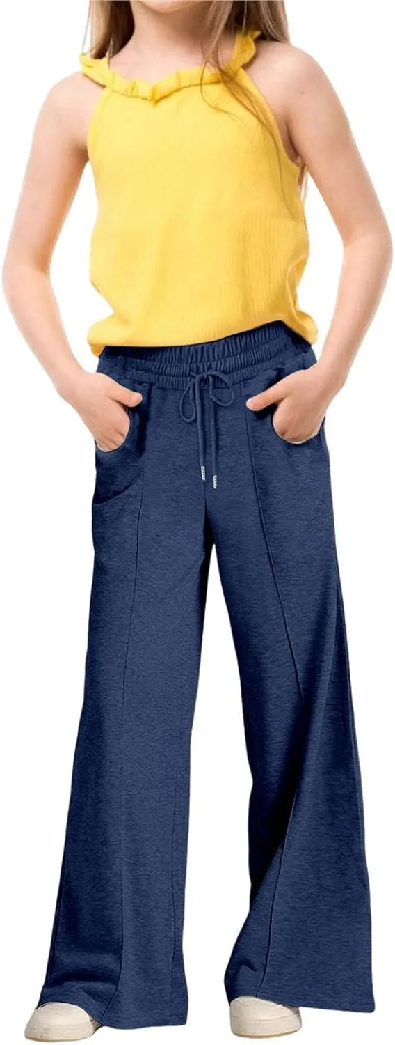 Girls Wide Leg Sweatpants High Waisted Baggy Drawstring Pants Elastic Elevated Seams Loose Active Pants with Pockets