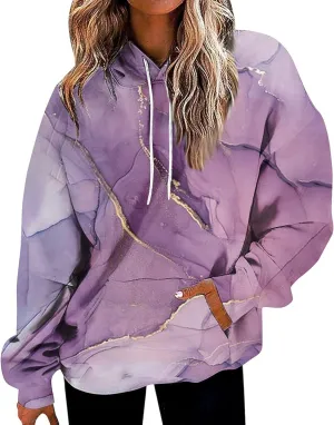 GOFULY Women Sweatshirt Fall Marble Print Hoodies Lightweight Winter Sweatshirt Long Sleeve Drawstring Pullover With Pocket
