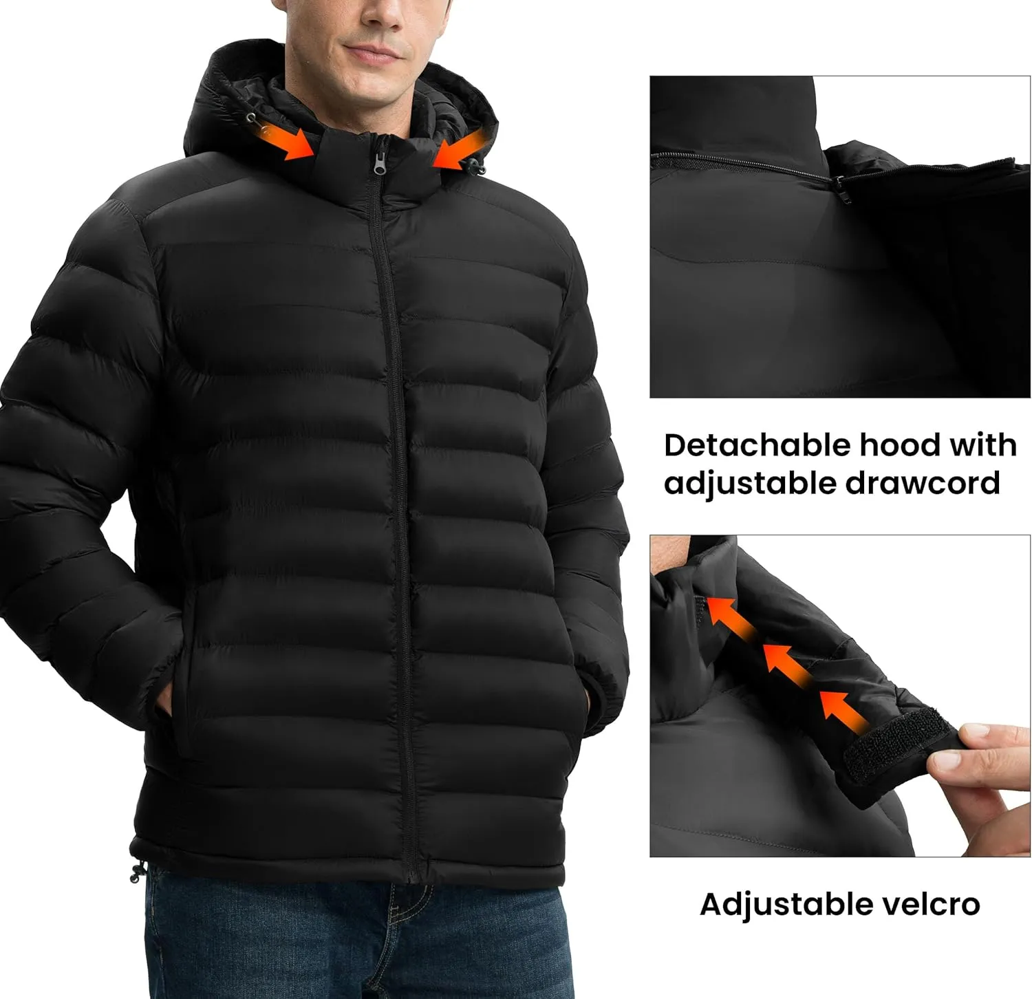 Gopune Men's Lightweight Puffer Jacket Detachable Hooded Water Resistant Puffy Winter Down Jackets for Snow Ski Travel
