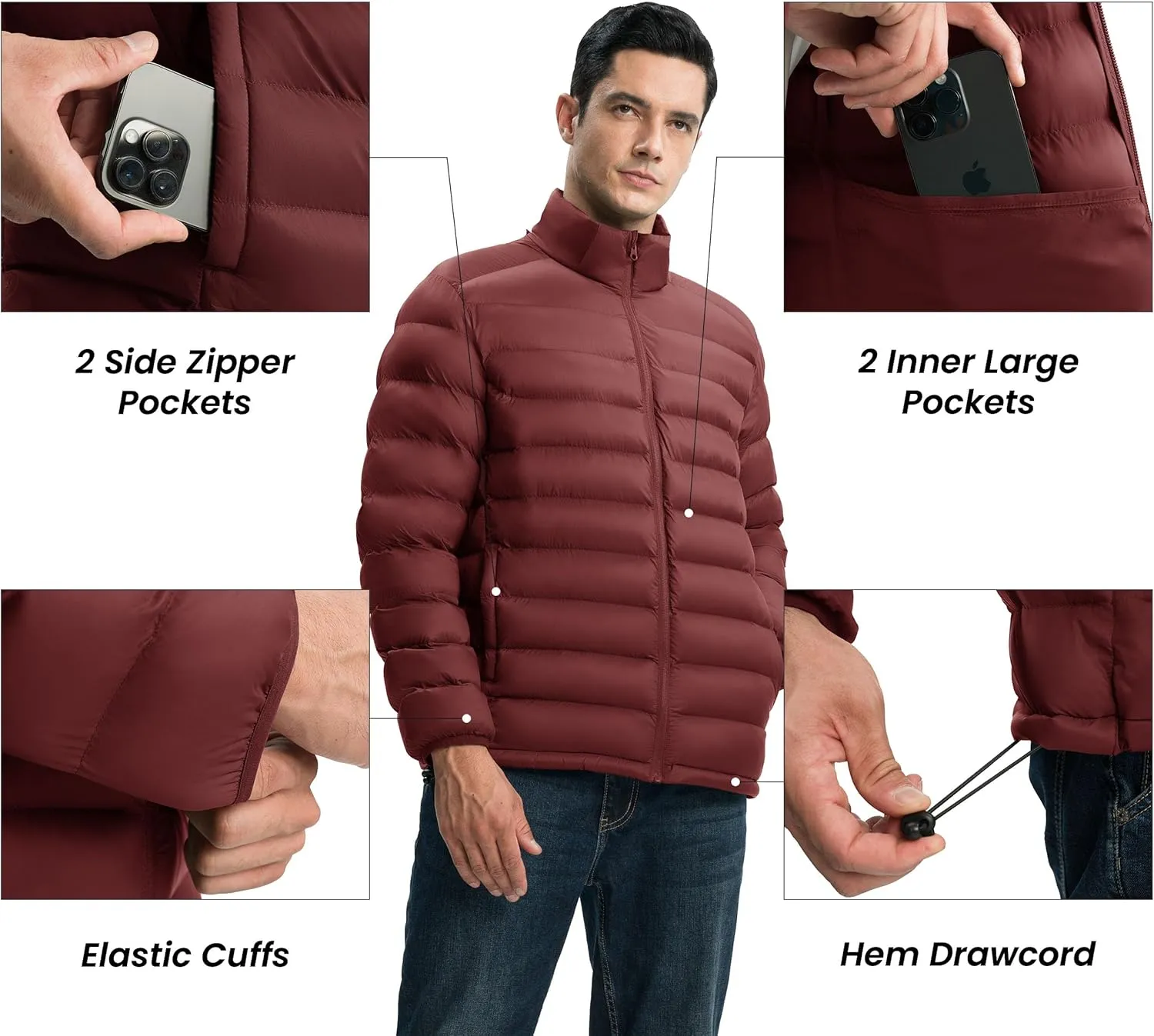 Gopune Men's Lightweight Puffer Jacket Detachable Hooded Water Resistant Puffy Winter Down Jackets for Snow Ski Travel