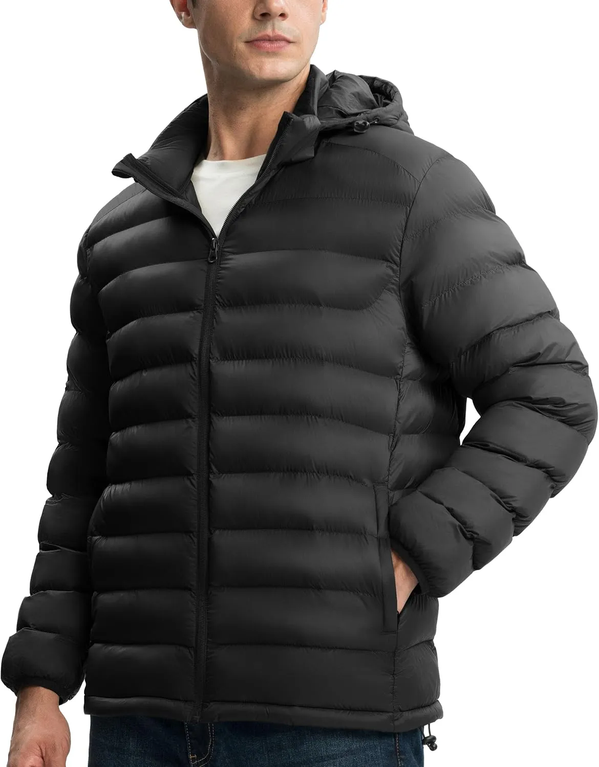 Gopune Men's Lightweight Puffer Jacket Detachable Hooded Water Resistant Puffy Winter Down Jackets for Snow Ski Travel