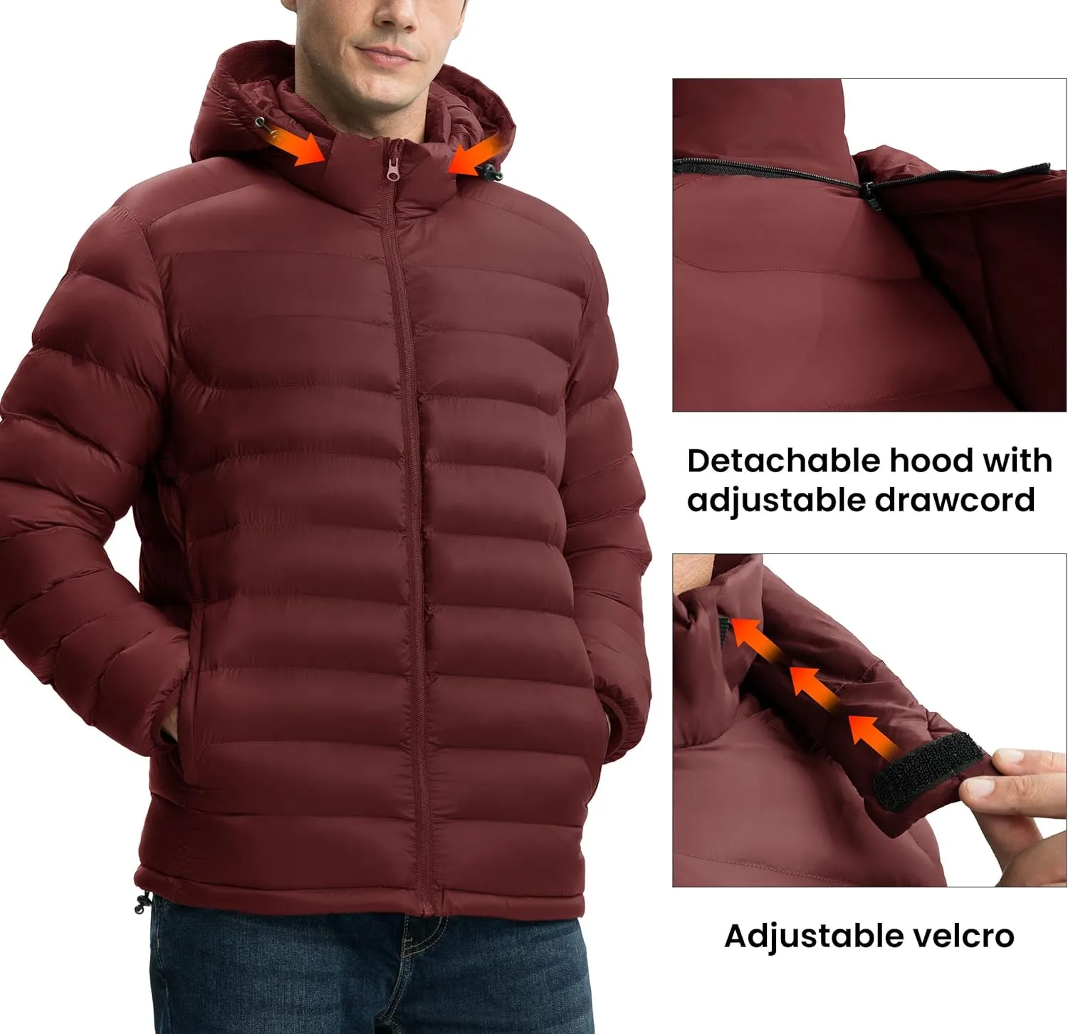 Gopune Men's Lightweight Puffer Jacket Detachable Hooded Water Resistant Puffy Winter Down Jackets for Snow Ski Travel