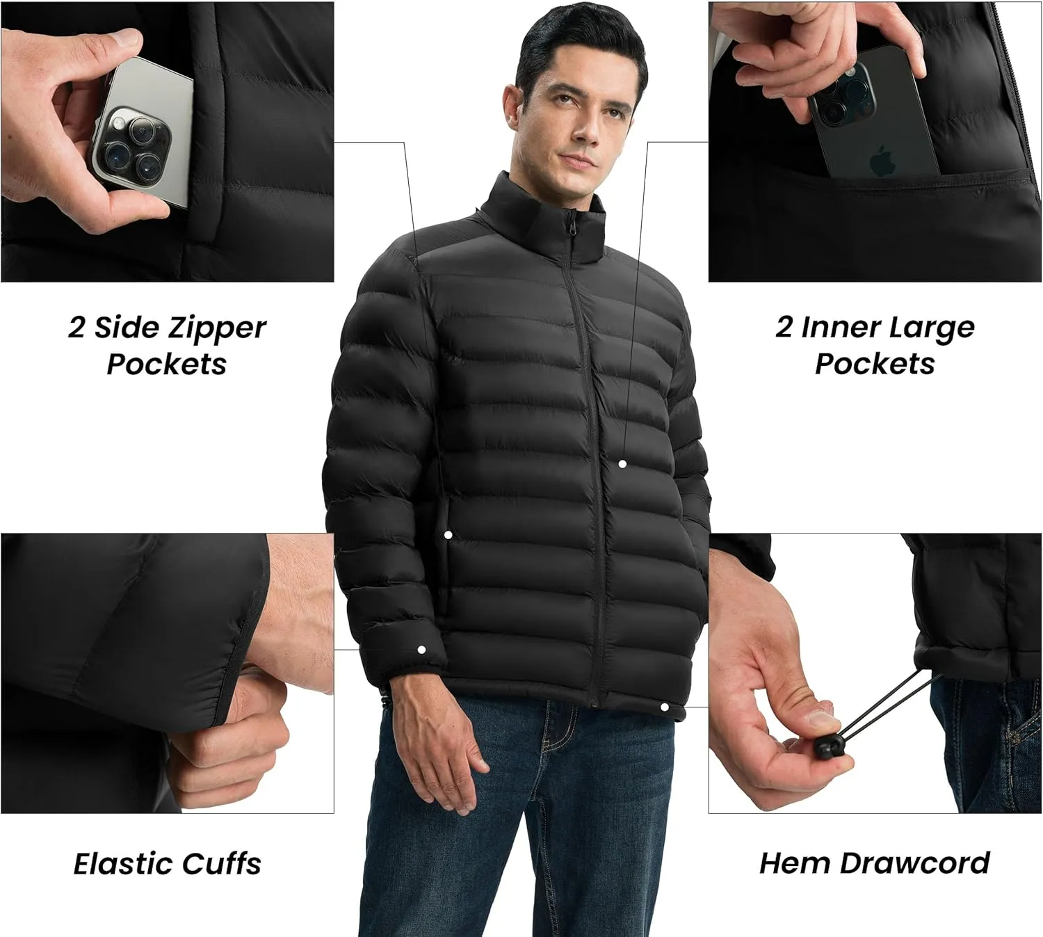 Gopune Men's Lightweight Puffer Jacket Detachable Hooded Water Resistant Puffy Winter Down Jackets for Snow Ski Travel