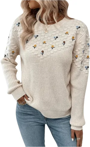 GORGLITTER Women's Floral Embroidered Crochet Sweaters Long Sleeve Lightweight Knit Flower Pullover Sweaters