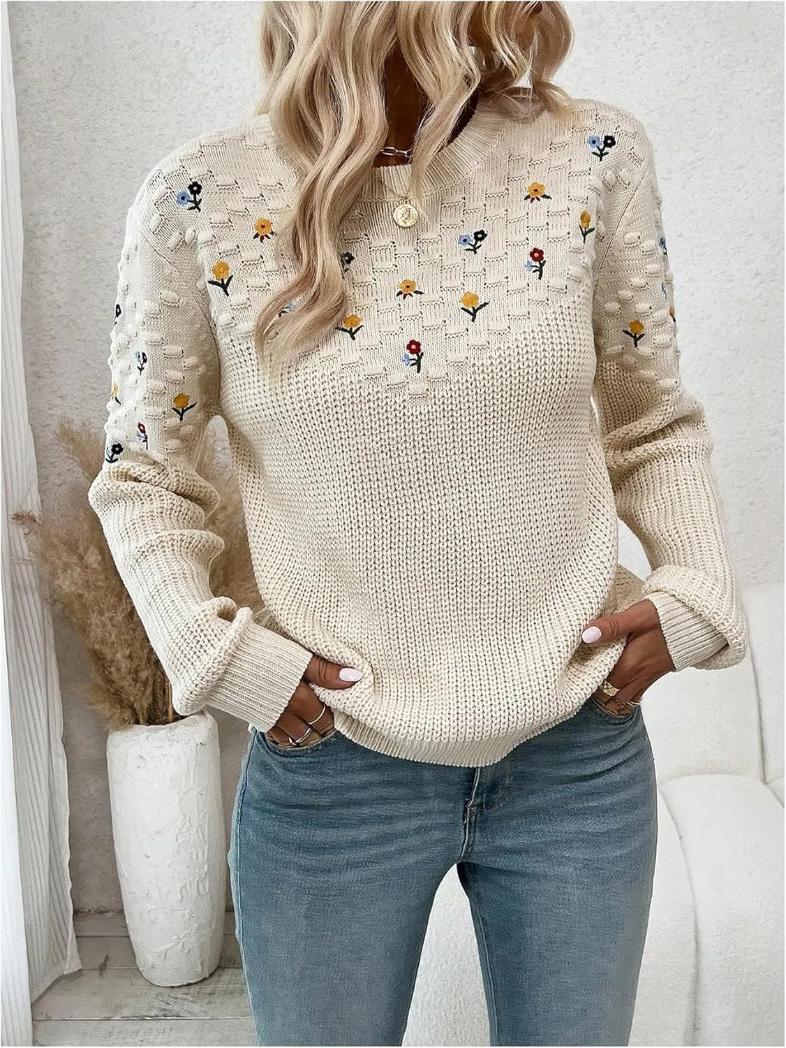 GORGLITTER Women's Floral Embroidered Crochet Sweaters Long Sleeve Lightweight Knit Flower Pullover Sweaters
