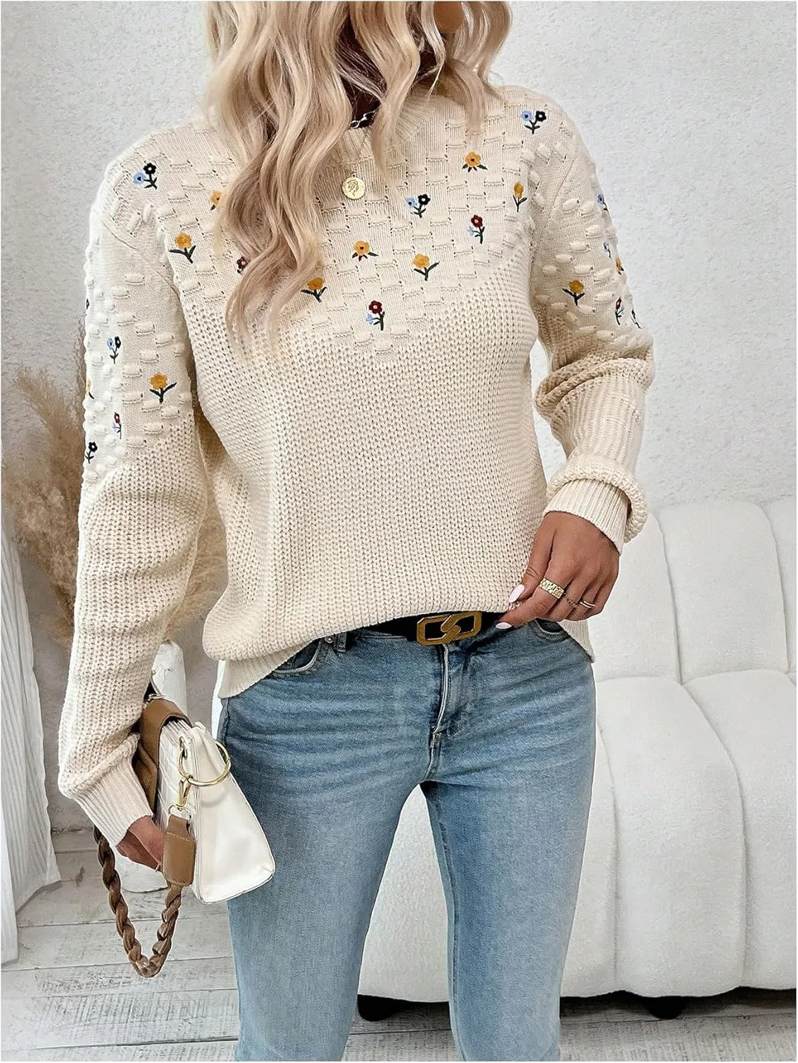 GORGLITTER Women's Floral Embroidered Crochet Sweaters Long Sleeve Lightweight Knit Flower Pullover Sweaters