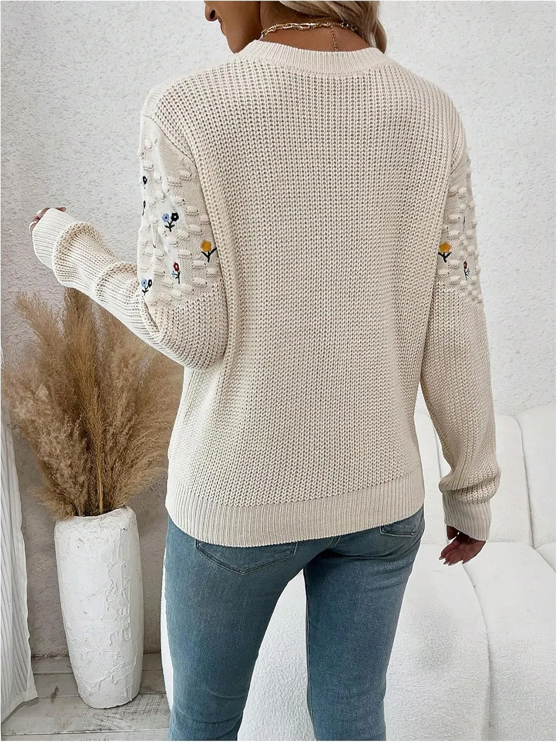 GORGLITTER Women's Floral Embroidered Crochet Sweaters Long Sleeve Lightweight Knit Flower Pullover Sweaters
