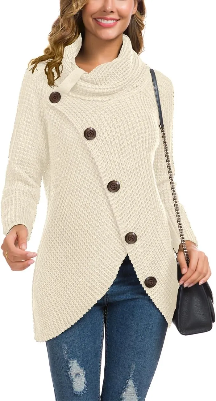 GRECERELLE Womens Turtleneck Sweaters 2024 Fall Chunky Long Sleeve Asymmetric Knit Pullover Sweaters