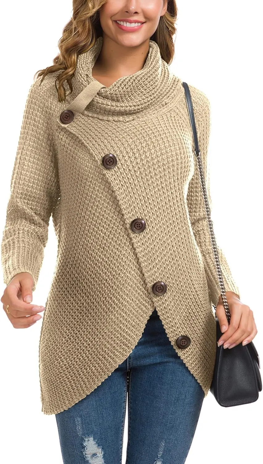 GRECERELLE Womens Turtleneck Sweaters 2024 Fall Chunky Long Sleeve Asymmetric Knit Pullover Sweaters