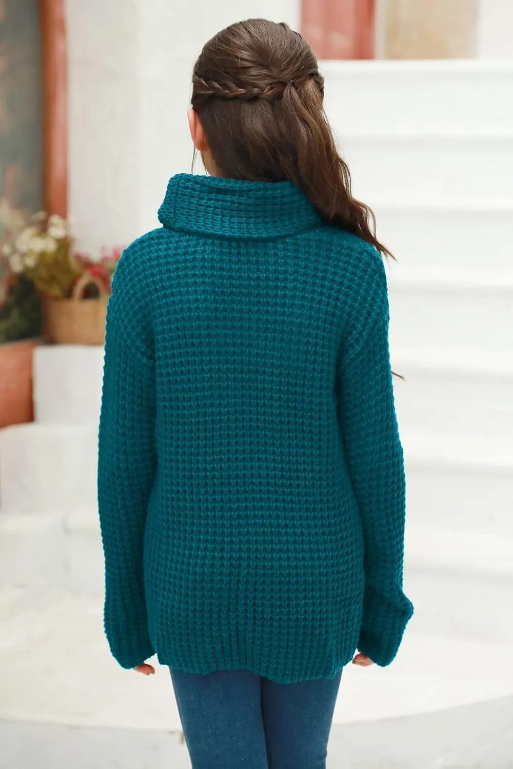 Haloumoning Girls Sweaters Button Turtle Cowl Neck Asymmetric Hem Wrap Pullover Sweaters for Girls