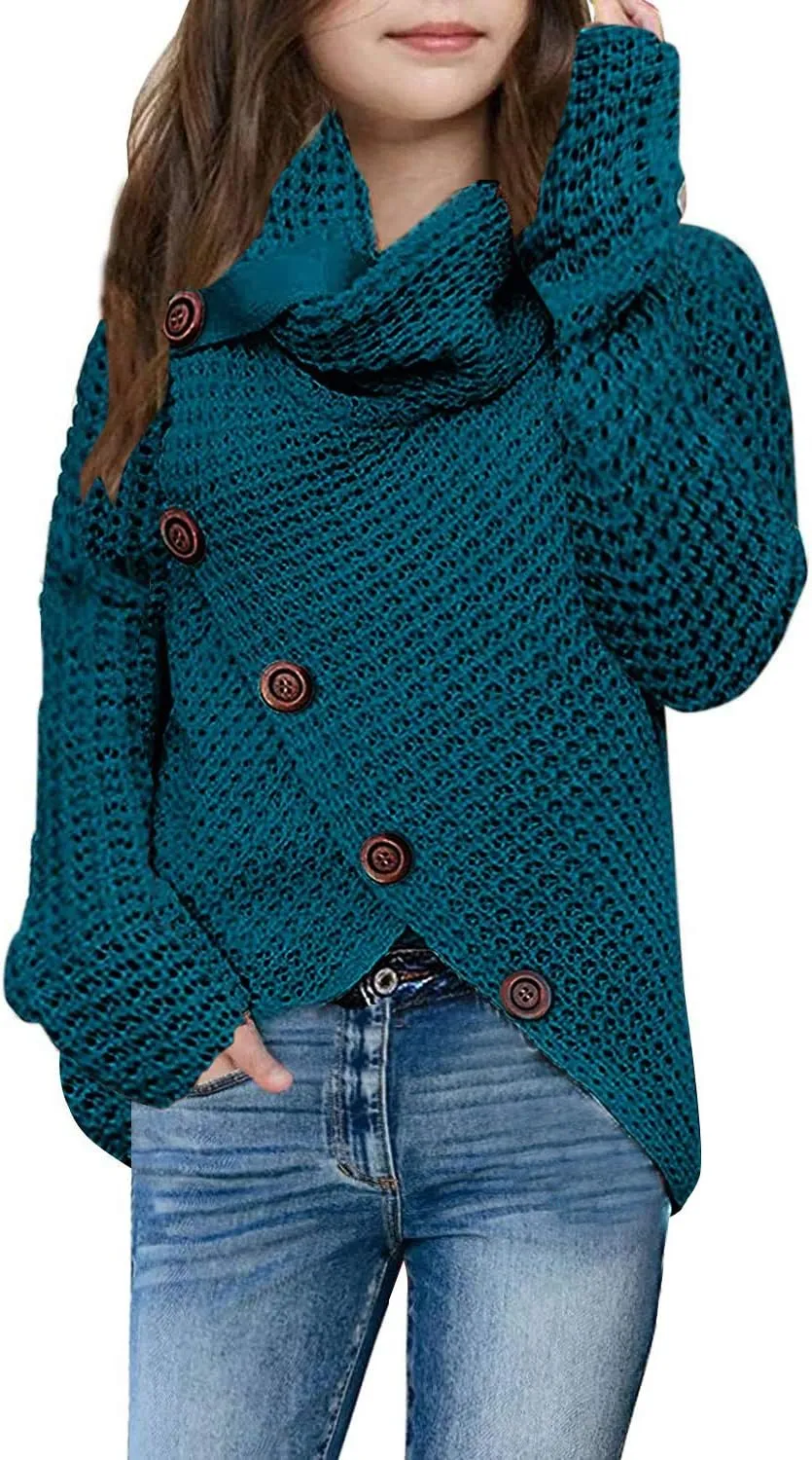 Haloumoning Girls Sweaters Button Turtle Cowl Neck Asymmetric Hem Wrap Pullover Sweaters for Girls