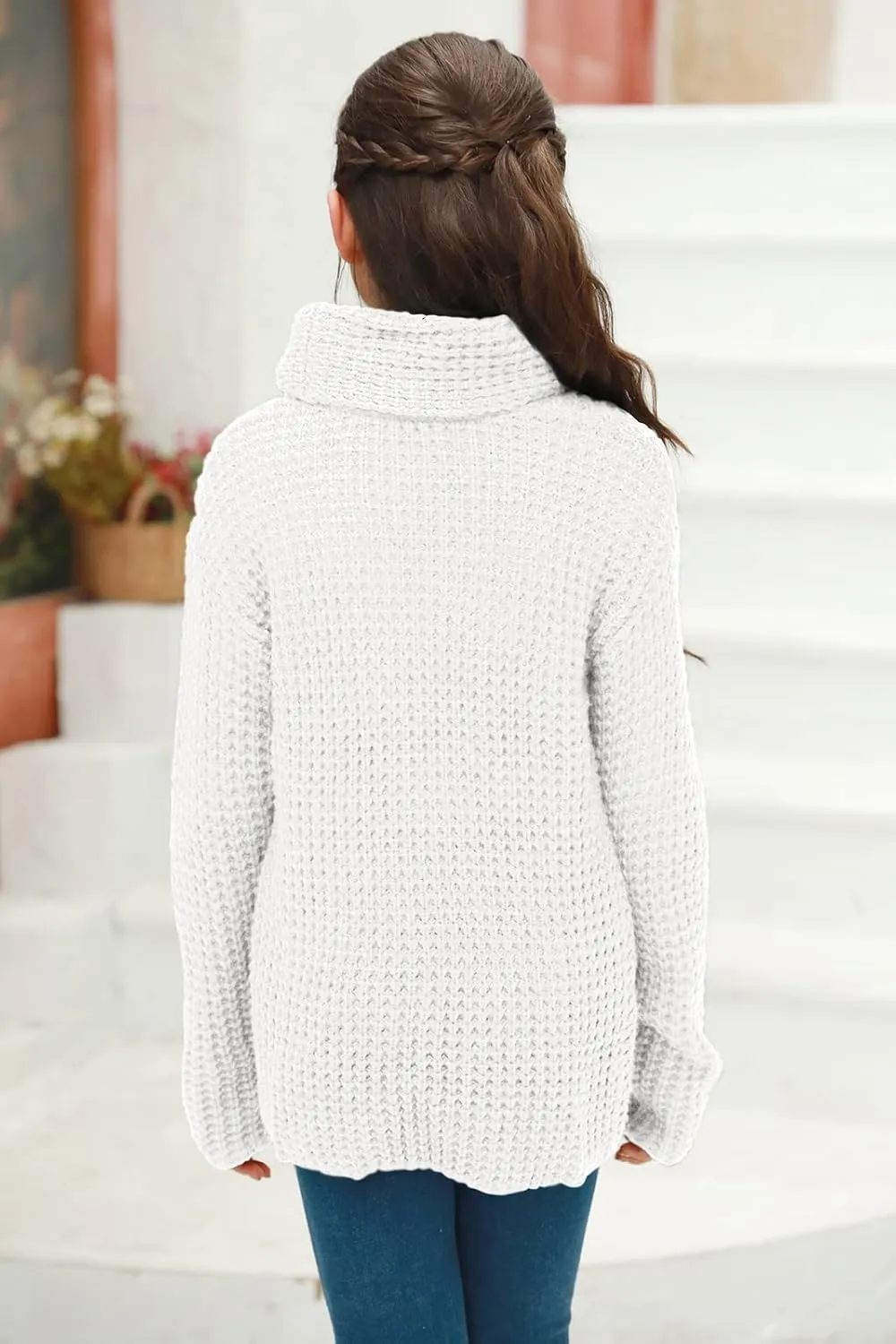 Haloumoning Girls Sweaters Button Turtle Cowl Neck Asymmetric Hem Wrap Pullover Sweaters for Girls