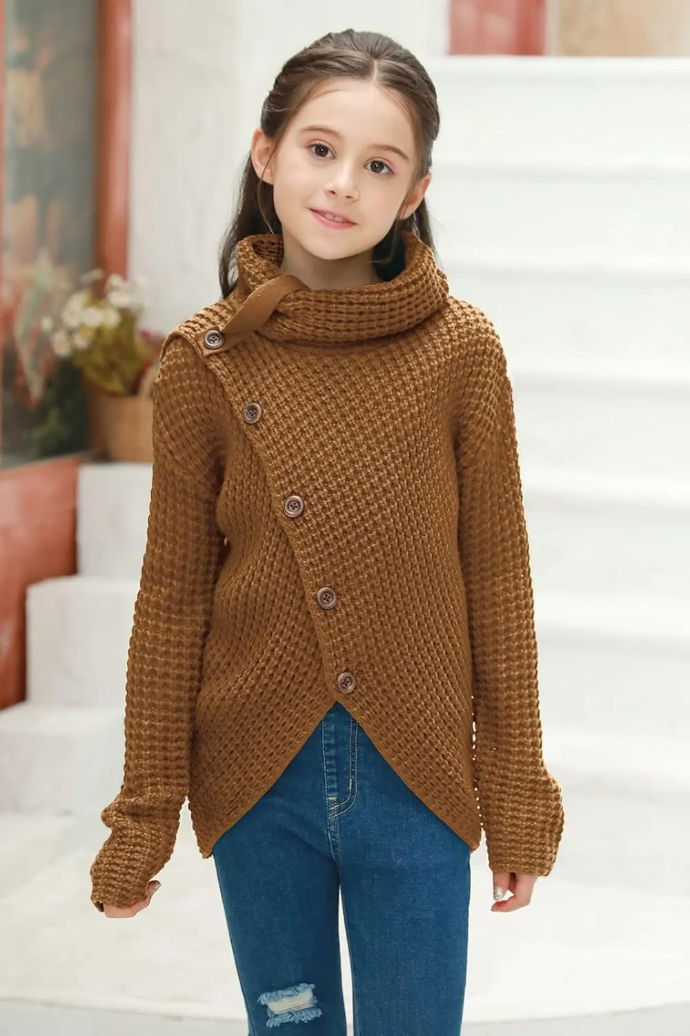 Haloumoning Girls Sweaters Button Turtle Cowl Neck Asymmetric Hem Wrap Pullover Sweaters for Girls