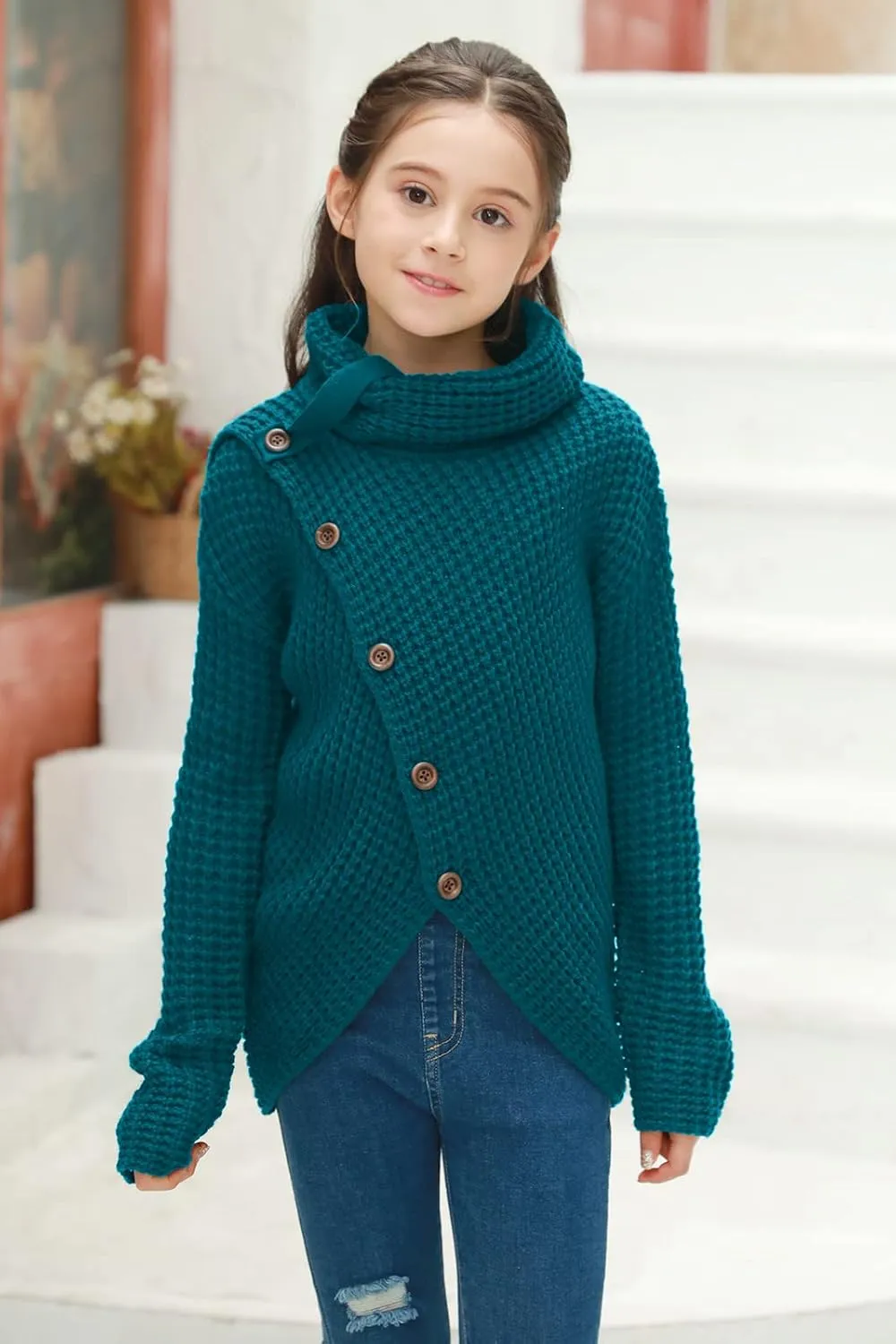 Haloumoning Girls Sweaters Button Turtle Cowl Neck Asymmetric Hem Wrap Pullover Sweaters for Girls