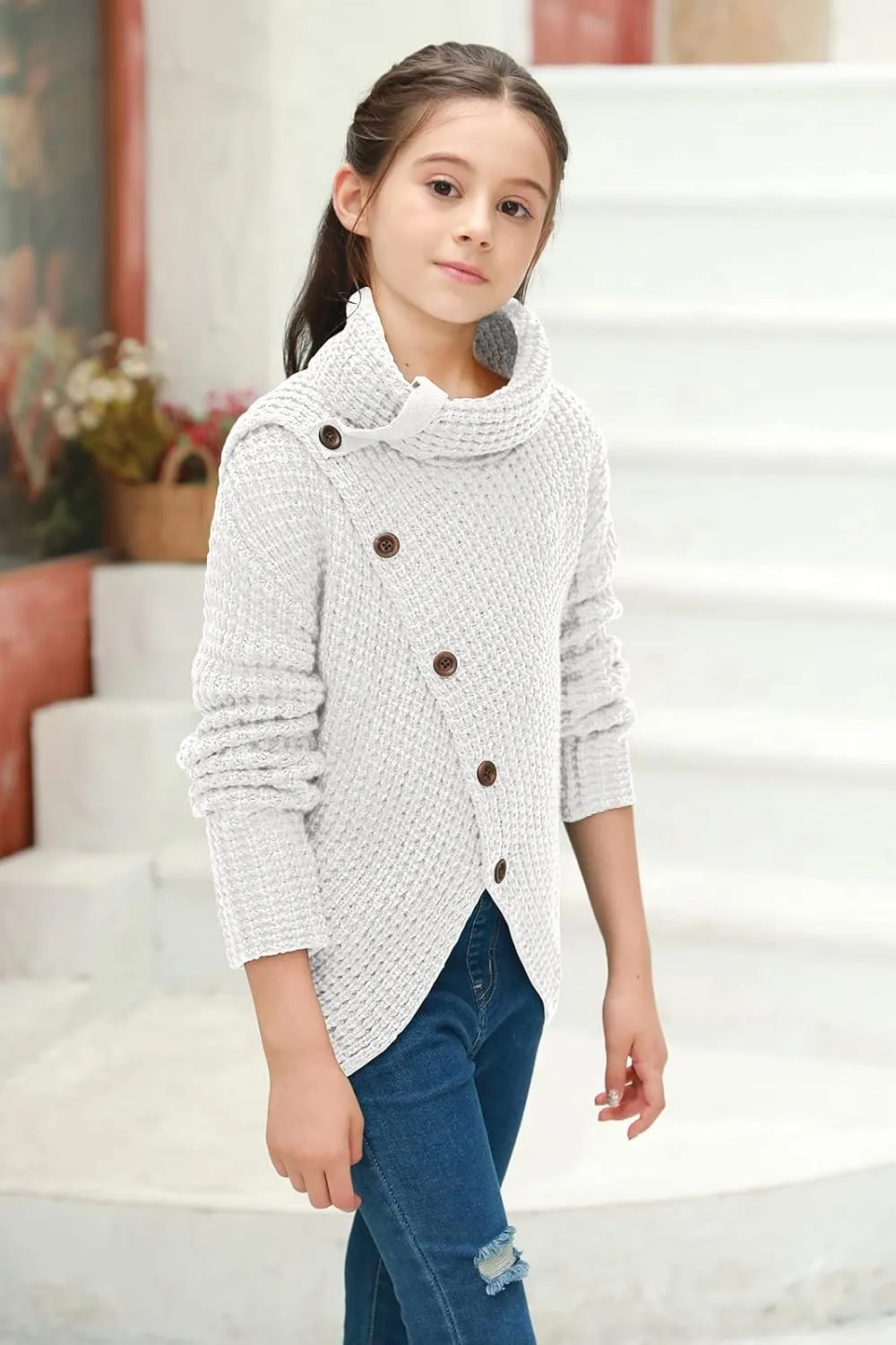 Haloumoning Girls Sweaters Button Turtle Cowl Neck Asymmetric Hem Wrap Pullover Sweaters for Girls