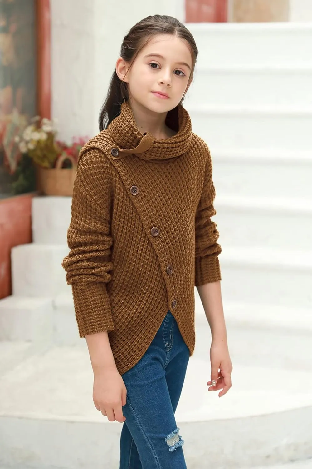 Haloumoning Girls Sweaters Button Turtle Cowl Neck Asymmetric Hem Wrap Pullover Sweaters for Girls