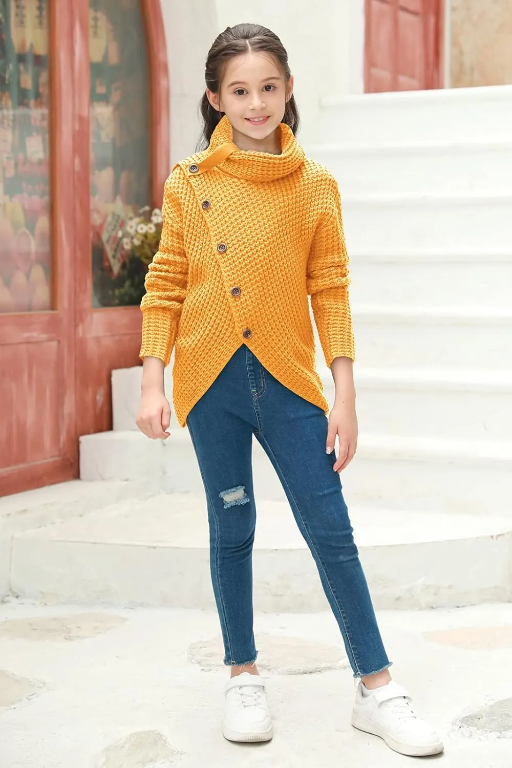 Haloumoning Girls Sweaters Button Turtle Cowl Neck Asymmetric Hem Wrap Pullover Sweaters for Girls