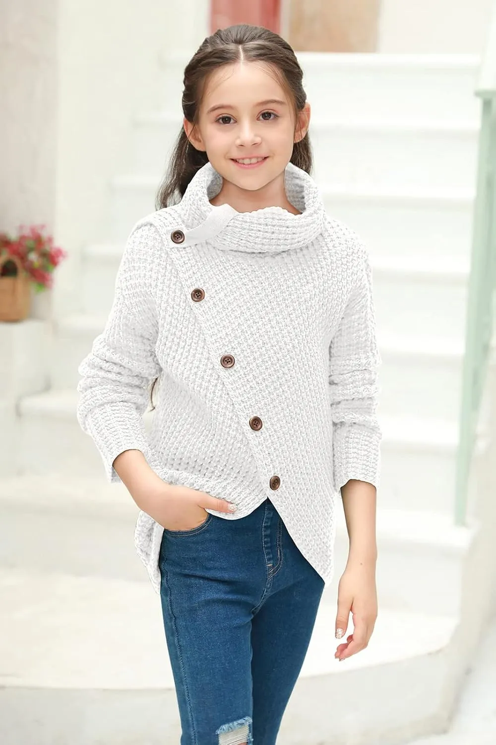 Haloumoning Girls Sweaters Button Turtle Cowl Neck Asymmetric Hem Wrap Pullover Sweaters for Girls
