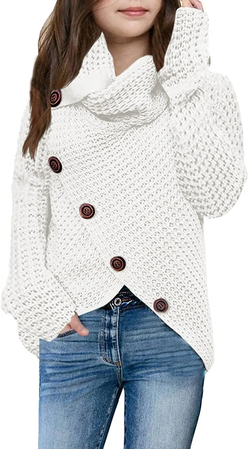 Haloumoning Girls Sweaters Button Turtle Cowl Neck Asymmetric Hem Wrap Pullover Sweaters for Girls