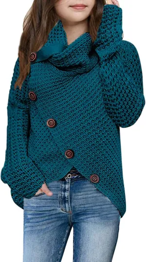 Haloumoning Girls Sweaters Button Turtle Cowl Neck Asymmetric Hem Wrap Pullover Sweaters for Girls
