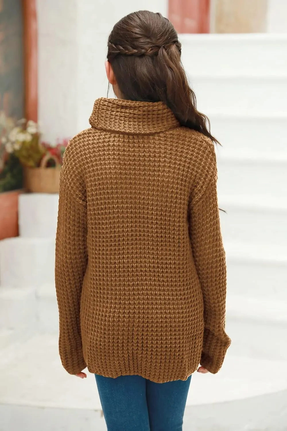 Haloumoning Girls Sweaters Button Turtle Cowl Neck Asymmetric Hem Wrap Pullover Sweaters for Girls