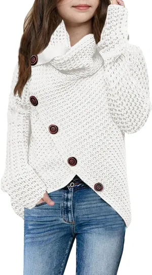 Haloumoning Girls Sweaters Button Turtle Cowl Neck Asymmetric Hem Wrap Pullover Sweaters for Girls