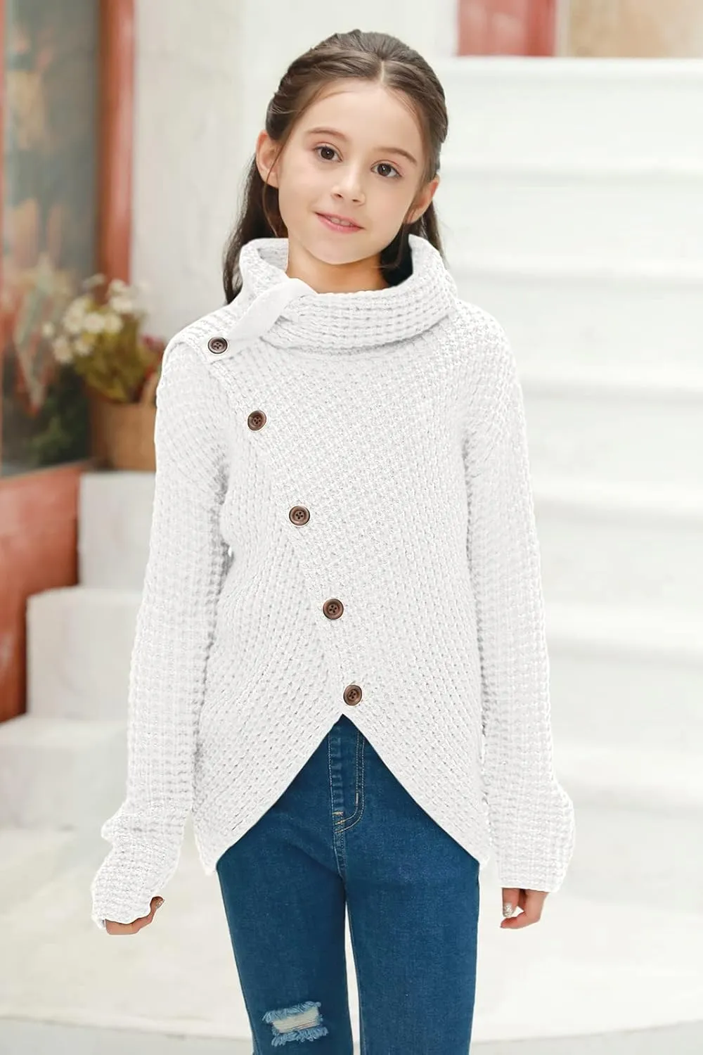 Haloumoning Girls Sweaters Button Turtle Cowl Neck Asymmetric Hem Wrap Pullover Sweaters for Girls