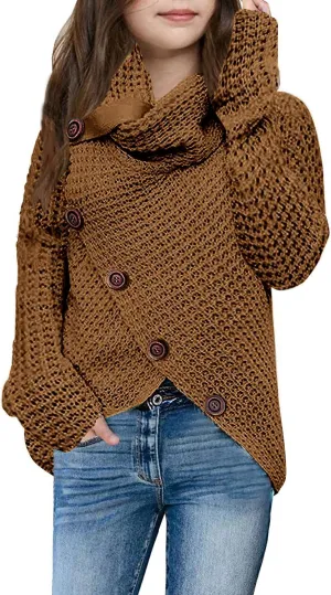 Haloumoning Girls Sweaters Button Turtle Cowl Neck Asymmetric Hem Wrap Pullover Sweaters for Girls