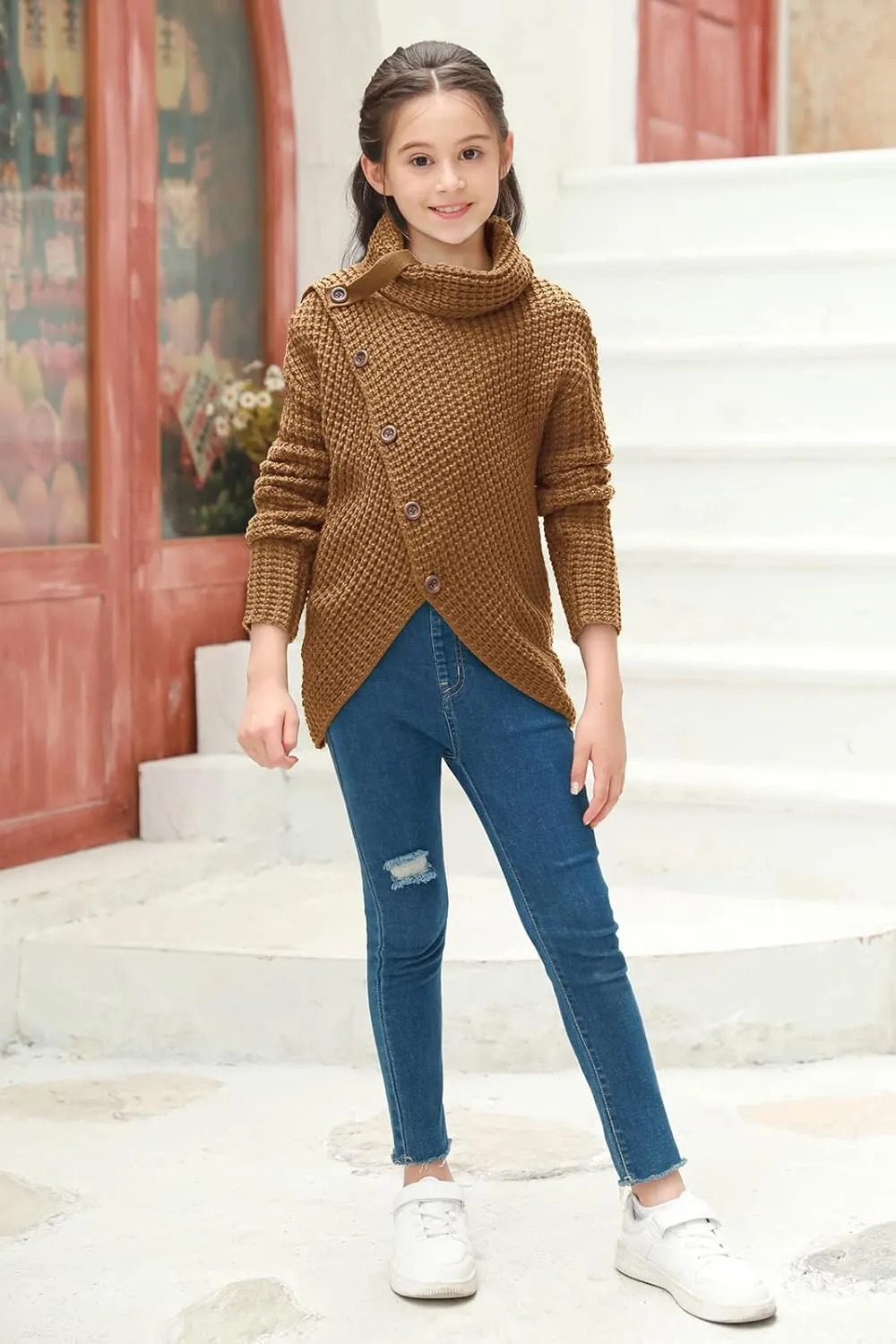 Haloumoning Girls Sweaters Button Turtle Cowl Neck Asymmetric Hem Wrap Pullover Sweaters for Girls