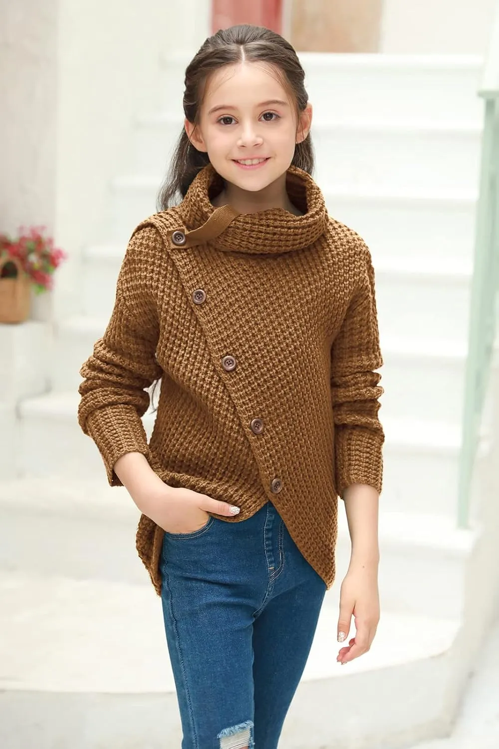Haloumoning Girls Sweaters Button Turtle Cowl Neck Asymmetric Hem Wrap Pullover Sweaters for Girls