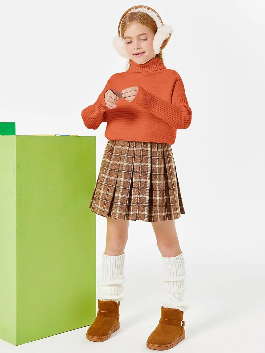 Haloumoning Kids Girls Turtleneck Tunic Sweaters Dress Oversized Long Sleeve Knit Chunky Pullover Jumper with Slit 5-14T