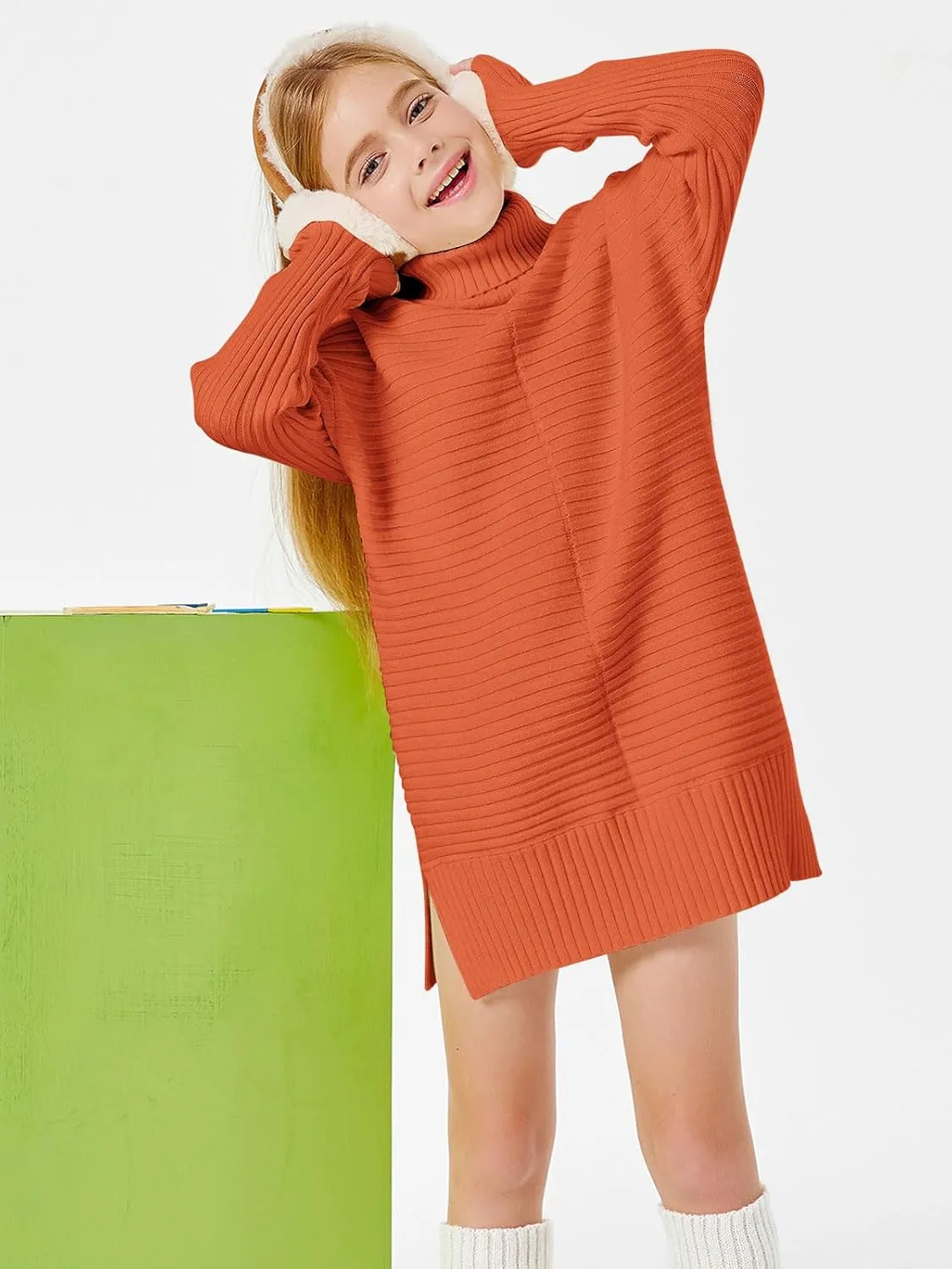 Haloumoning Kids Girls Turtleneck Tunic Sweaters Dress Oversized Long Sleeve Knit Chunky Pullover Jumper with Slit 5-14T